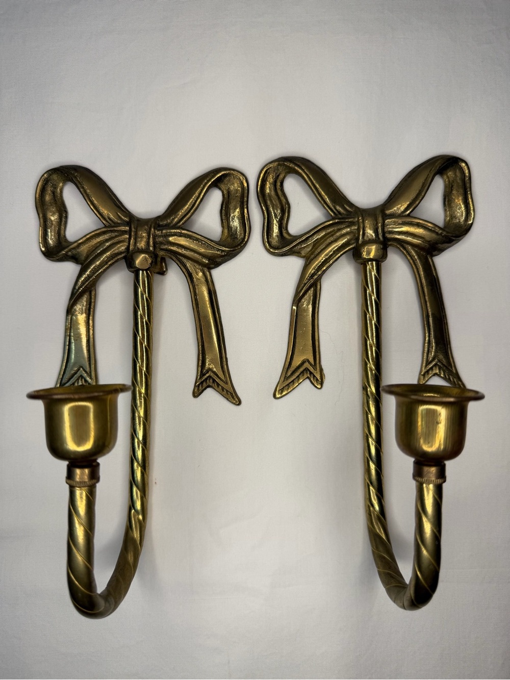 Decorative Brass Bow Wall Sconces candle holders in Antique Gold Vintage Taiwan.